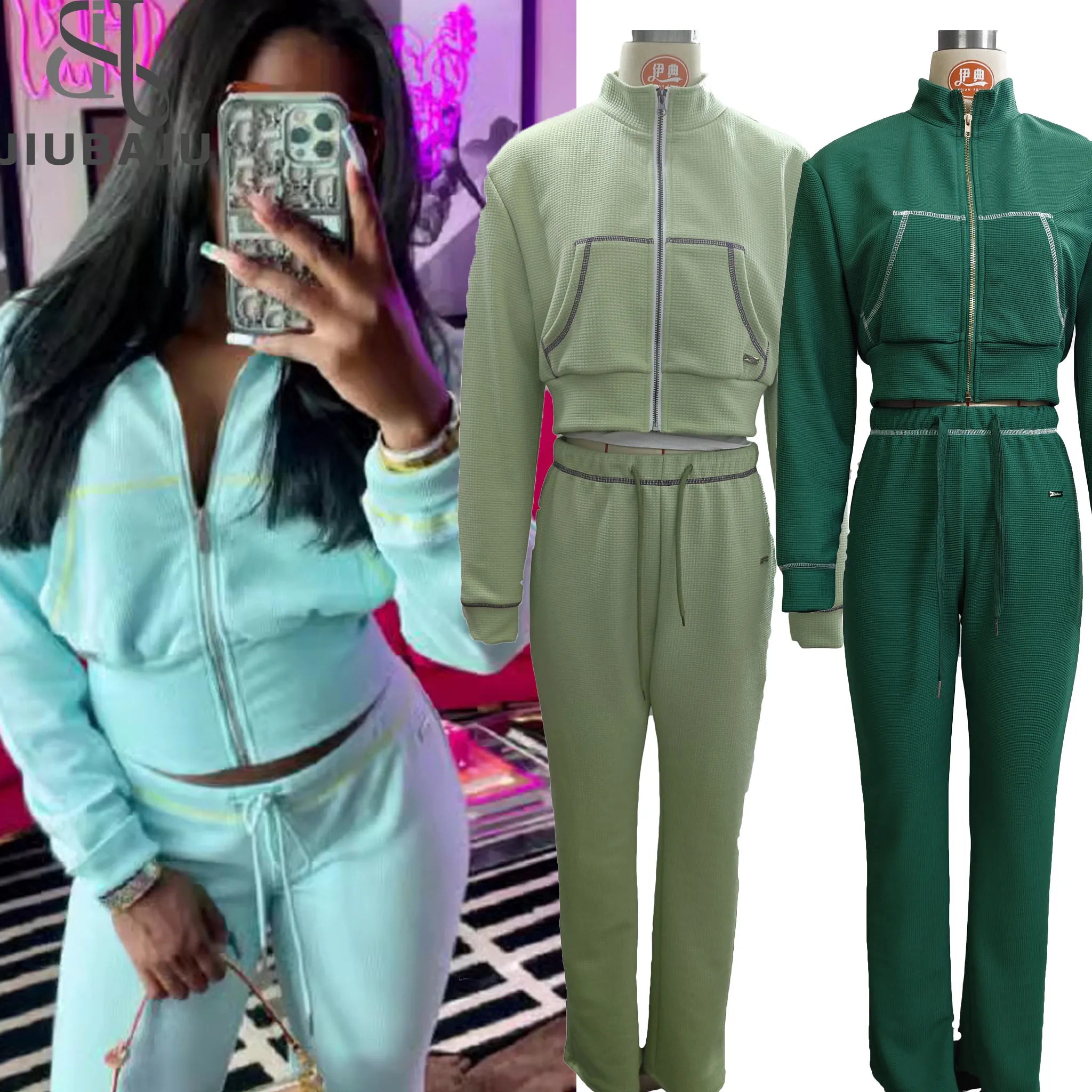 New Autumn and Winter Tracksuits Long Sleeve Zipper Waffle Jacket Solid Pant Sporty Knit Two Piece Jogger Set