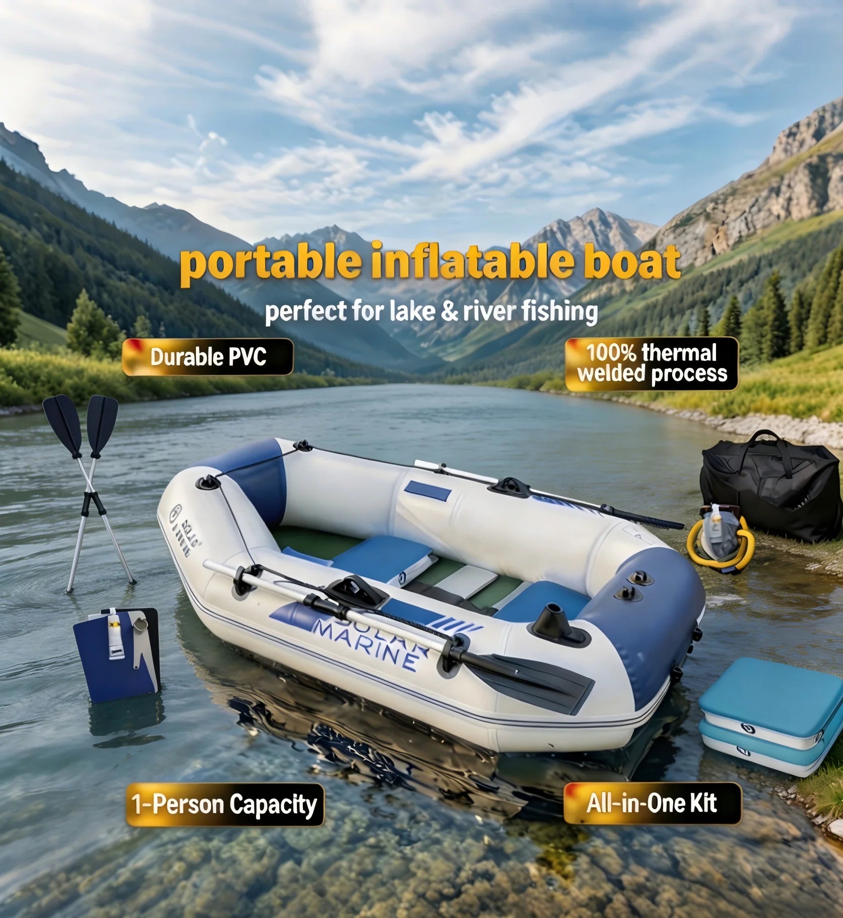 SolarMarine Inflatable Fishing Pontoon Boat for Water Sports 0.7 mm PVC Thick Wear-resistant One Person Rowing Rubber Dinghy