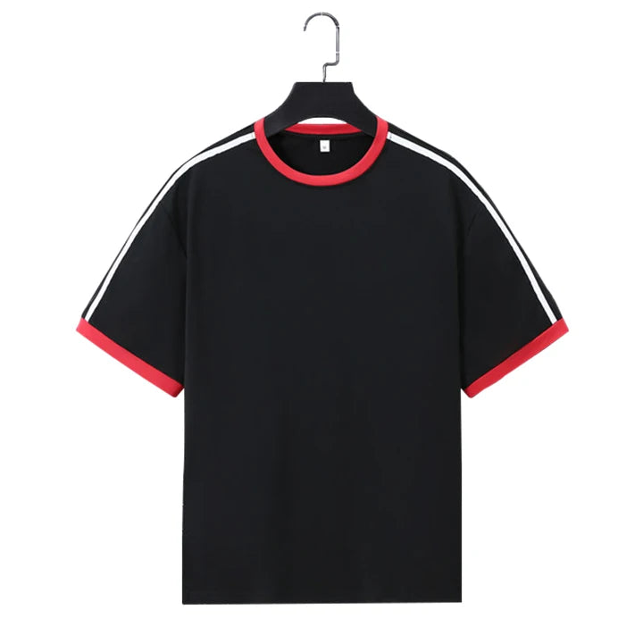 Men's 180g 100% Polyester Loose Print Crew Neck Vintage Patchwork Color Knit T-Shirt