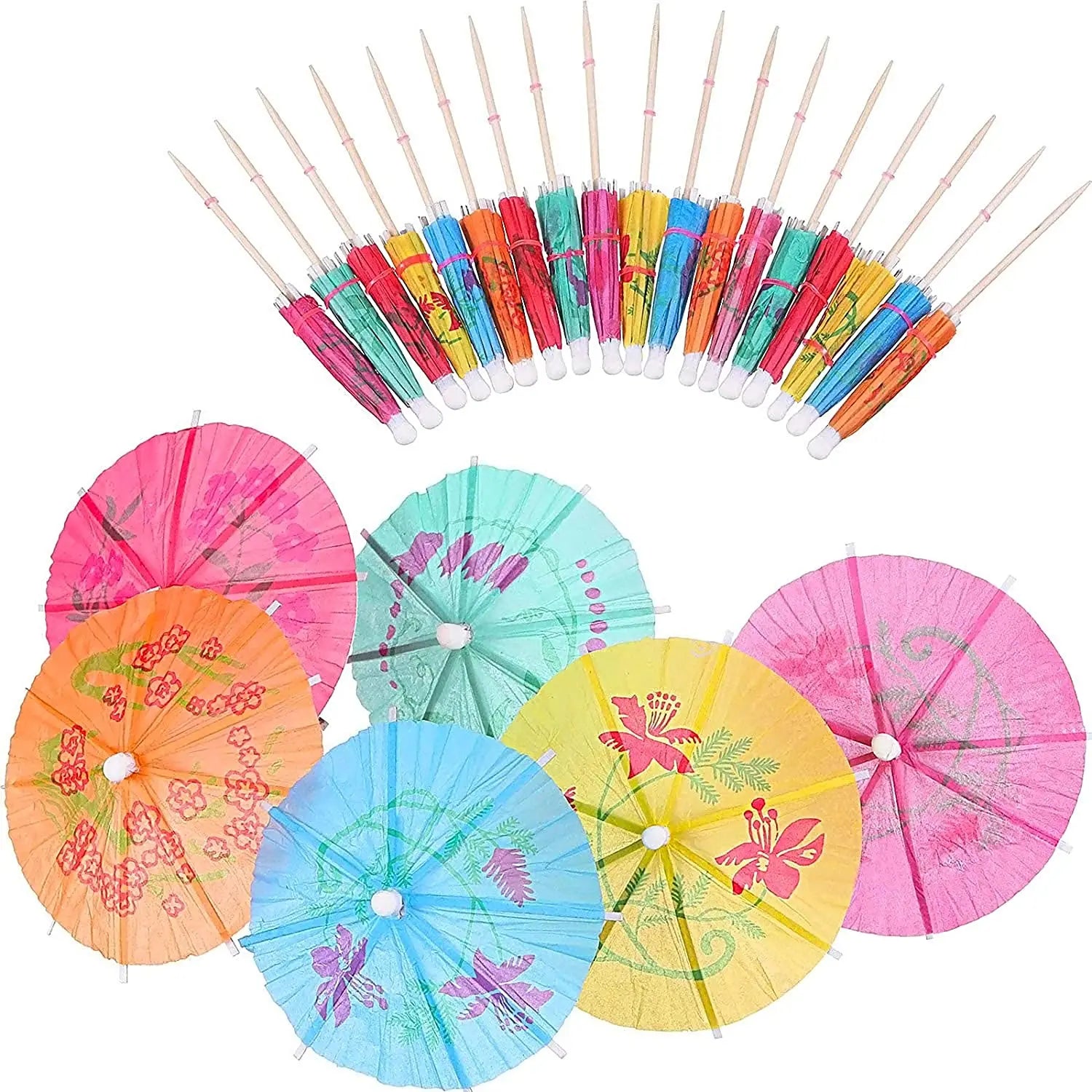 50pcs Cocktail Picks Fruit Sticks Tropical Christmas Cake Topper Decoration Paper Umbrellas and Colorful Drink Umbrellas