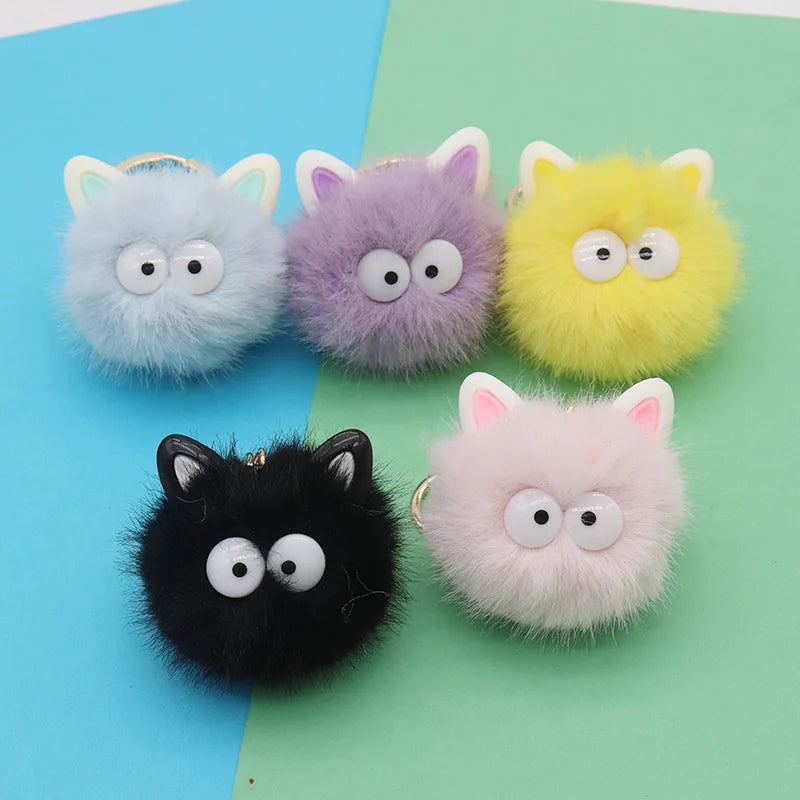 Cute Pompom Key Chain Mink Fur Small Briquette Car Key Ring Cartoon Cat Head Keychain Bag Car Key Pendant