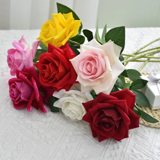 AF10103 Hot Sale Artificial Large Roses Bunch Flower Silk Garden Red Single Velvet Rose Floral