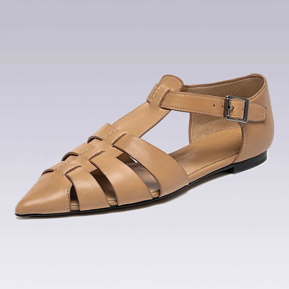 Fashionable Breathable Women's Pointed-toe Genuine Leather Sandals Top-grade Cowhide Flat Shoes with Buckle Design