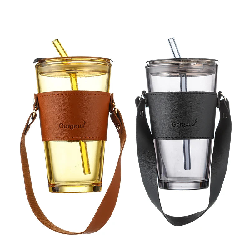 Wholesale Clear 450ml Anti-Scald Classic Portable Straw Glass Cup with Leather Sleeve Handle for Water & Coffee Back to School