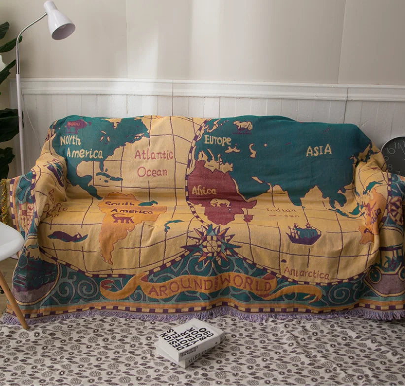 Wholesale Fashionable Multifunctional Double-Sided Thickened Floral Tapestry Wearable European Map Woven Blanket
