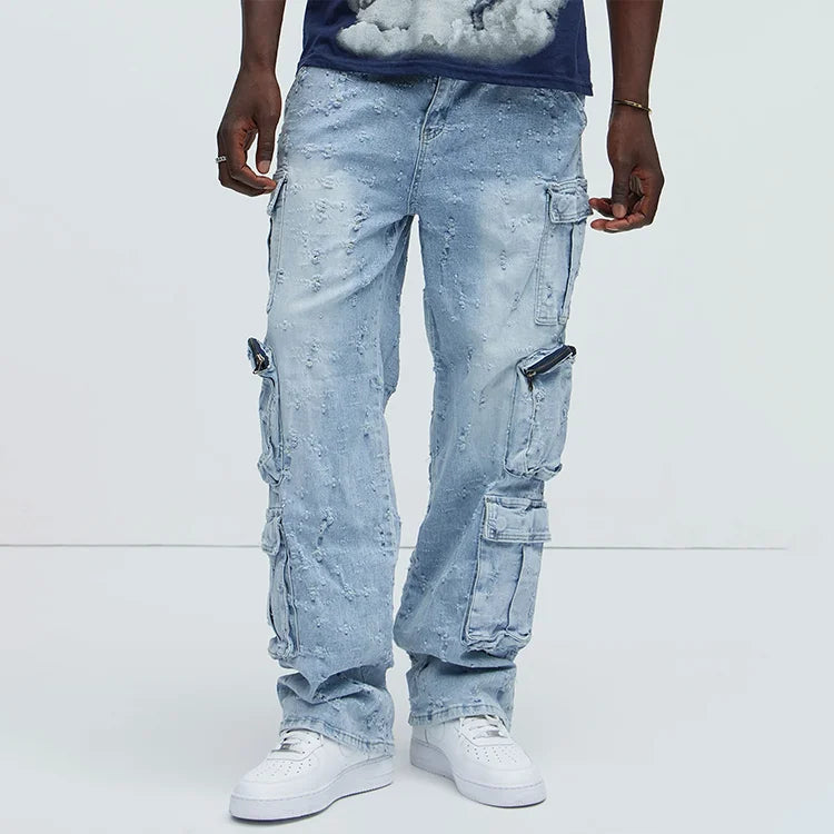 Vintage Washed Light Blue Loose Distressed Denim Pants Multiple Pockets Cargo Jeans Completely Ripped Soft Jeans Men