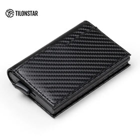 Customized Logo Bifold Leather RFID Blocking Credit Card Holder Pop up Wallet for Men Metal Smart Wallet Carbon Fiber Wallet