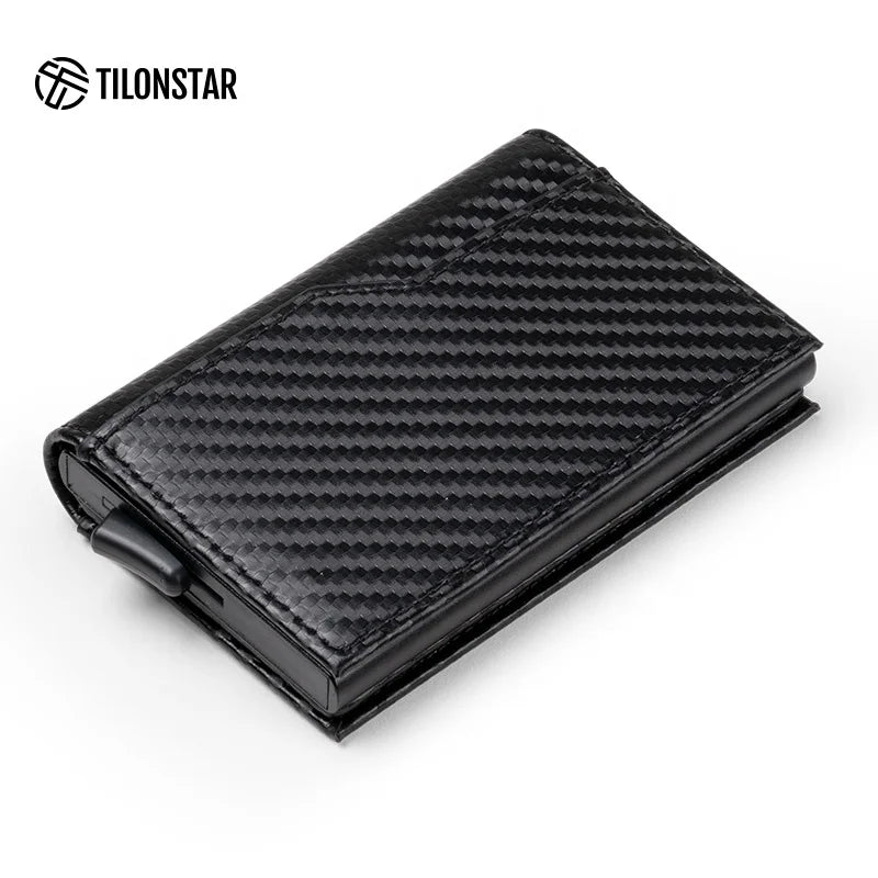 Customized Logo Bifold Leather RFID Blocking Credit Card Holder Pop up Wallet for Men Metal Smart Wallet Carbon Fiber Wallet