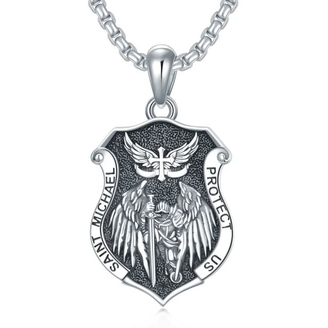 Fashion Archangel Jewelry  925 Sterling Silver Black Rhodium Necklace Saint Michael Shield Shape Pendant Necklace