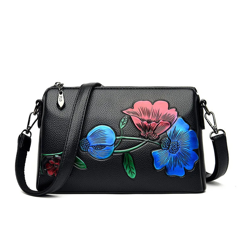 Retro Leather Embossed Flower Ladies Clutch Pocket Fashion Small Sling Bag Casual Women Shoulder Bag