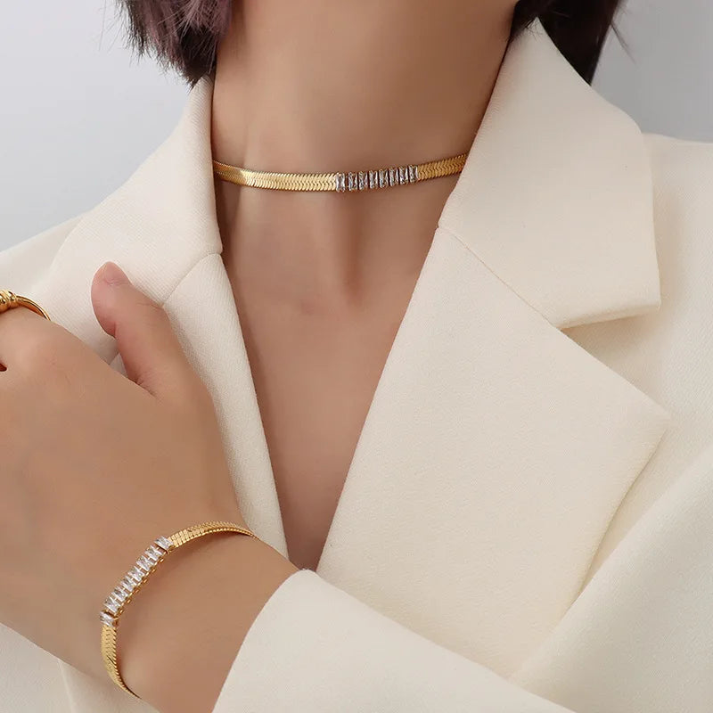 Wholesale Custom 18k Gold Plated Stainless Steel Jewelry Zircon Flat Rectangle Paper Clip Paperclip Link Chain Choker Necklaces