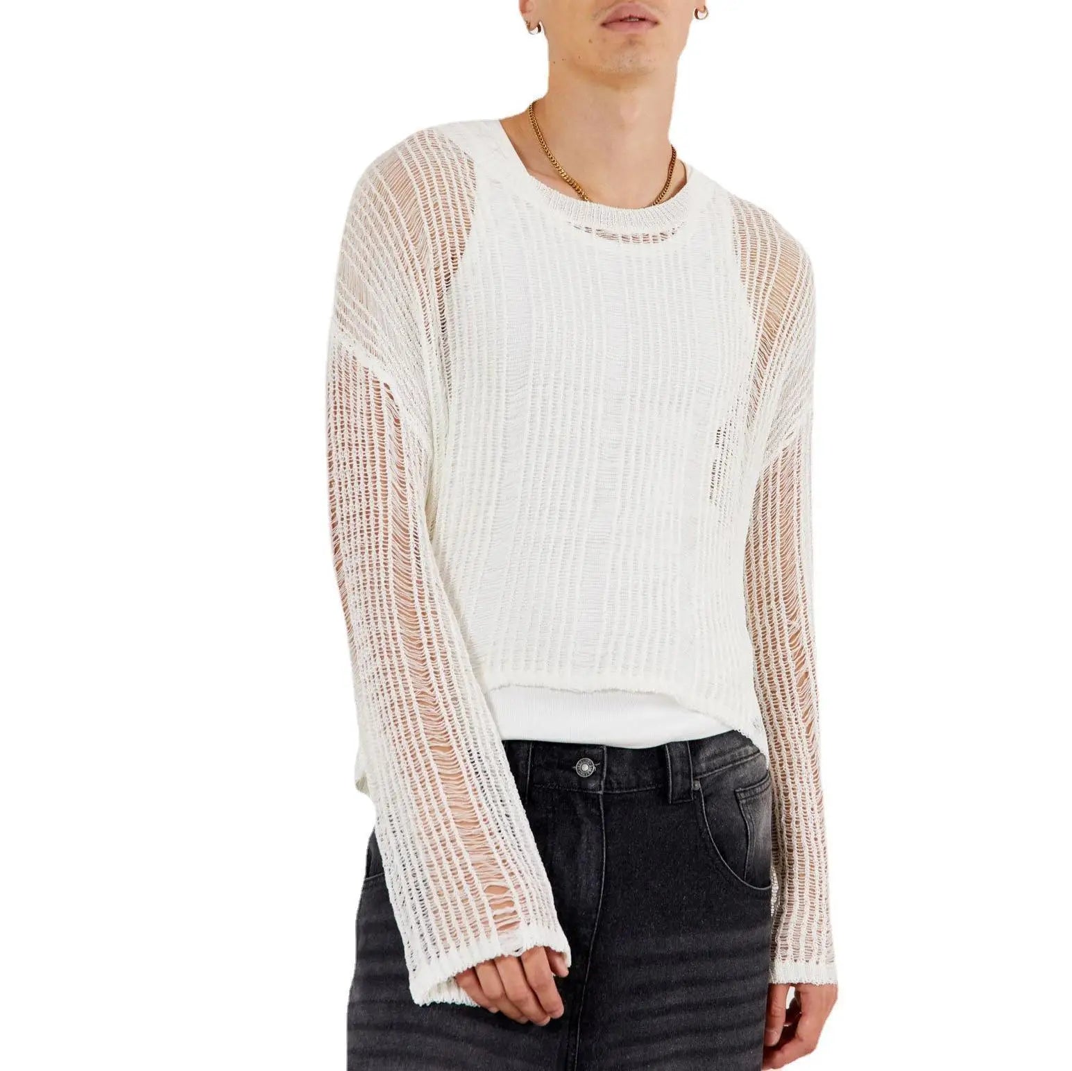 Wholesale OEM Crochet Knitted Shirt Custom Logo Top for Men Long Sleeves Crew Neck Hollow Sweater T-shirt Blank Washed