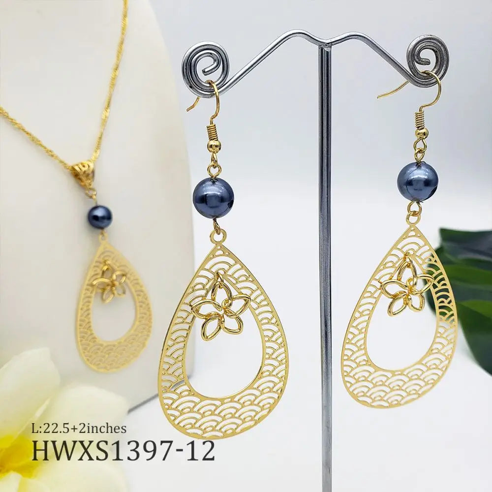 Hawaiian Gold Plated Necklace and Earrings Set Fashion Waterdrop Design Copper Earrings Flower Leaf Pendant Earring for Women