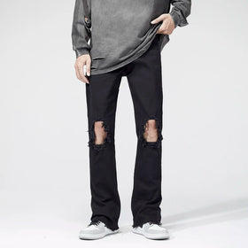 Latest Men's Classic Flare Jeans Trousers Leisure Denim Pants With Wash Process Knee Distressed Fashion Black Jeans