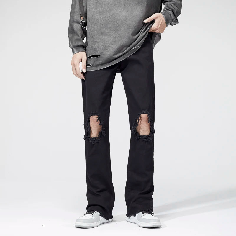 Latest Men's Classic Flare Jeans Trousers Leisure Denim Pants With Wash Process Knee Distressed Fashion Black Jeans