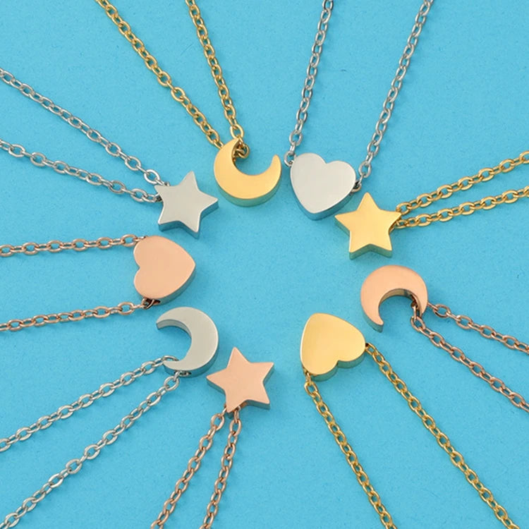 Fashion Waterproof Silver 18K Gold Plated Tiny Star Moon Heart Pendant 316L Stainless Steel Bijoux Necklace Jewelry for Women