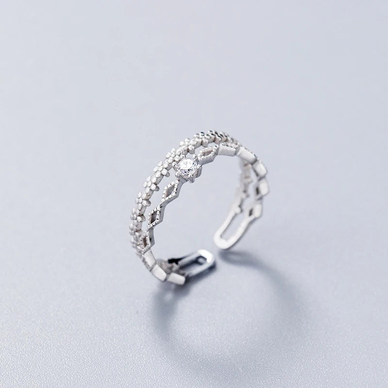 Real 925 Sterling Silver Fashion Double Layer Flower CZ Opening Rings for Women Wedding Fine Jewelry