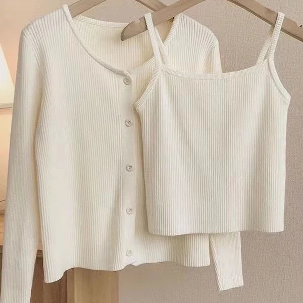 Wholesale Custom Two-Piece Set Women's Spring Fashion Knitted Cardigan and Casual Sweater with Button Crew Neck Camisole