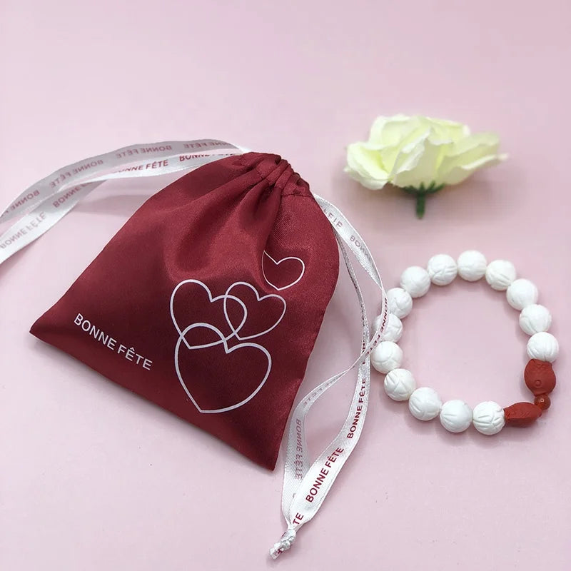 Custom Logo Red Silk Satin Drawstring Pouch Dust Beauty Cosmetic Packaging for Hair Extensions Wig Jewelry