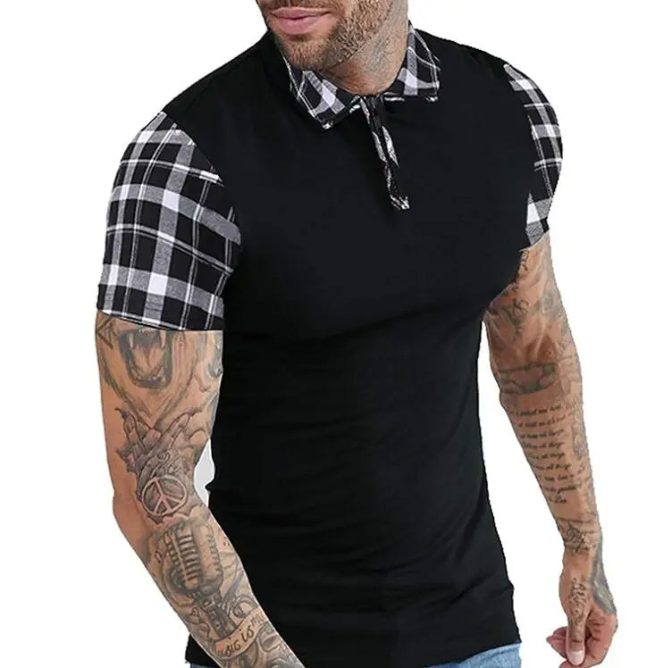Men T-shirt Short Sleeve Plaid Matching Polo T-shirt New Business Wear Clothing Casual Fashion Men Tops