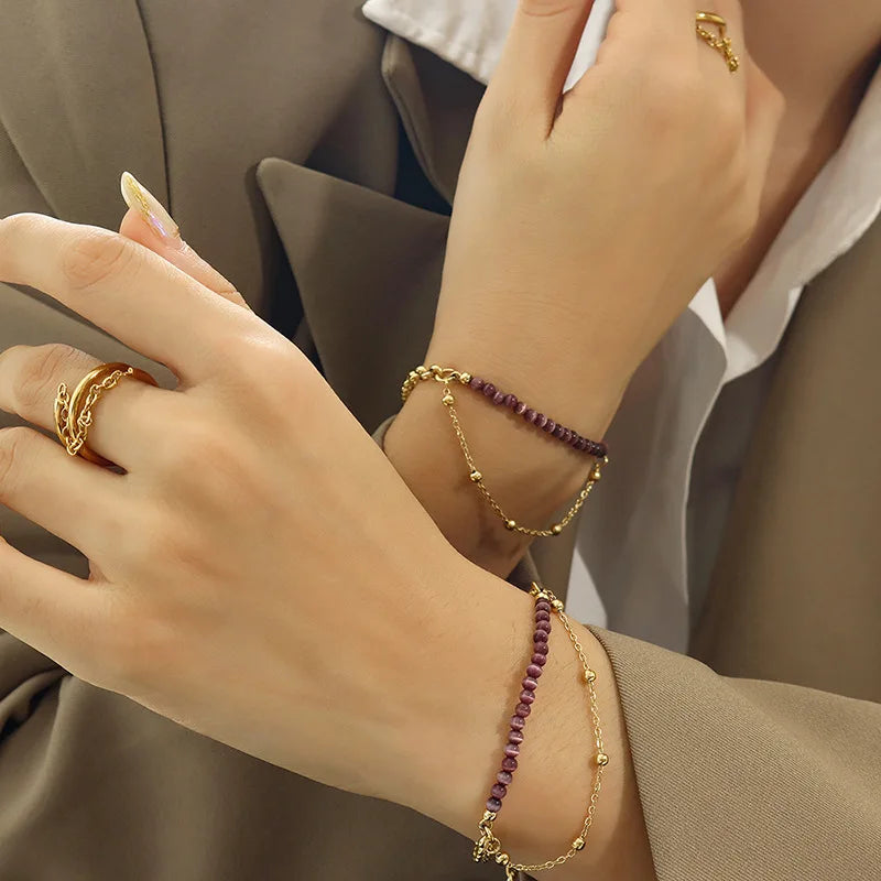 Customized Waterproof 18k Gold Plated Stainless Steel Jewelry Double Layer Purple Natural Stone Chain Beaded Bracelet