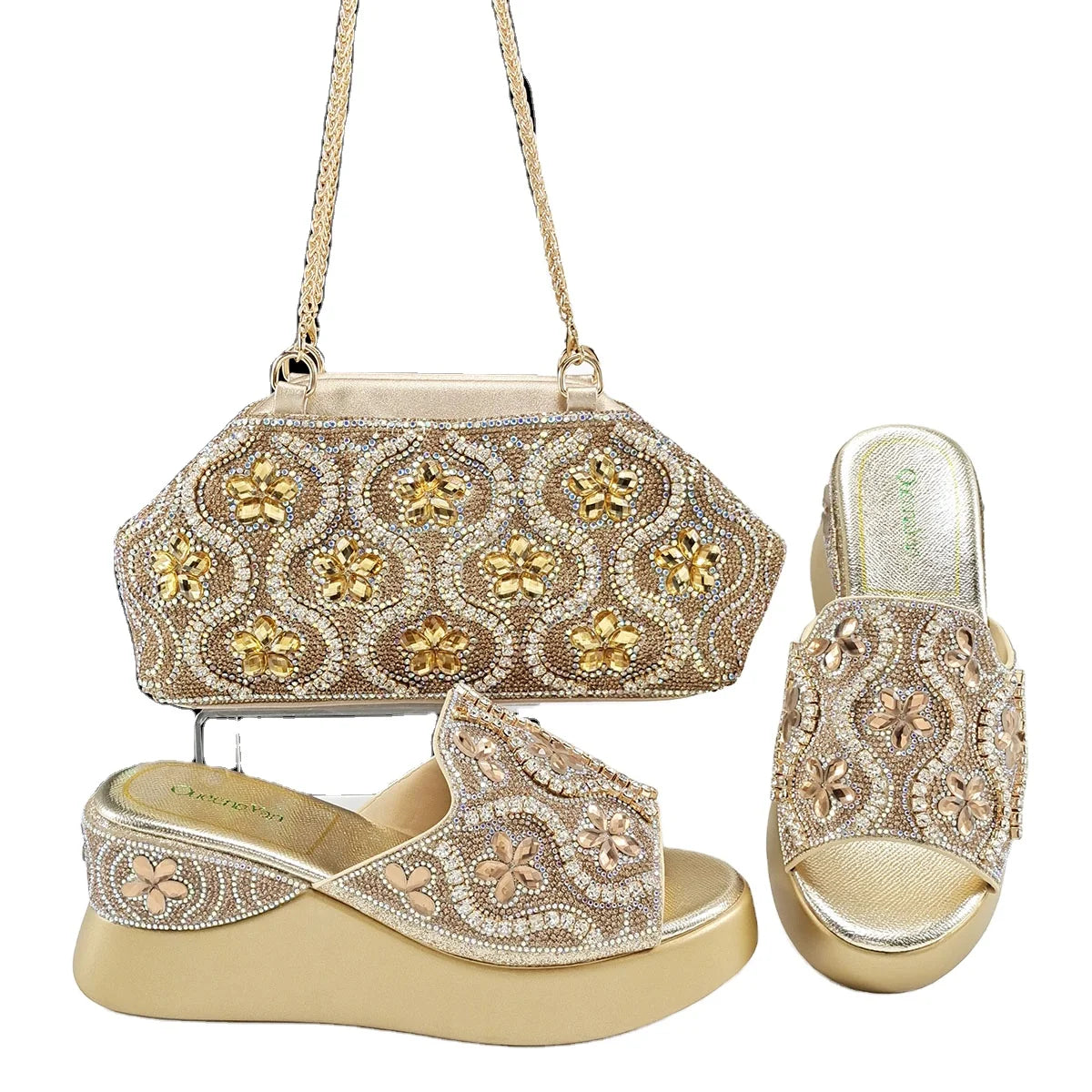 2025 Crystal Ladies Fancy Flat Sandal Women Bags Slipper Shoes and Bag Shoe Matching Set