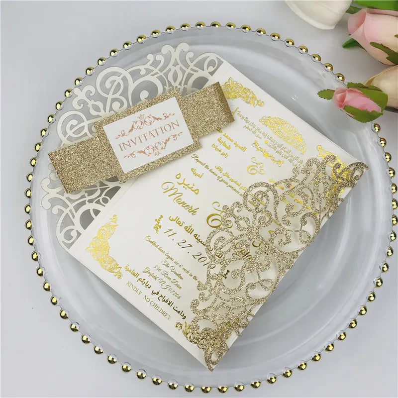 Wholesale Classic Folio Luxury Glitter Laser Cut Invitation Card Engagement Wedding Invitation Pocket Envelopes Belt