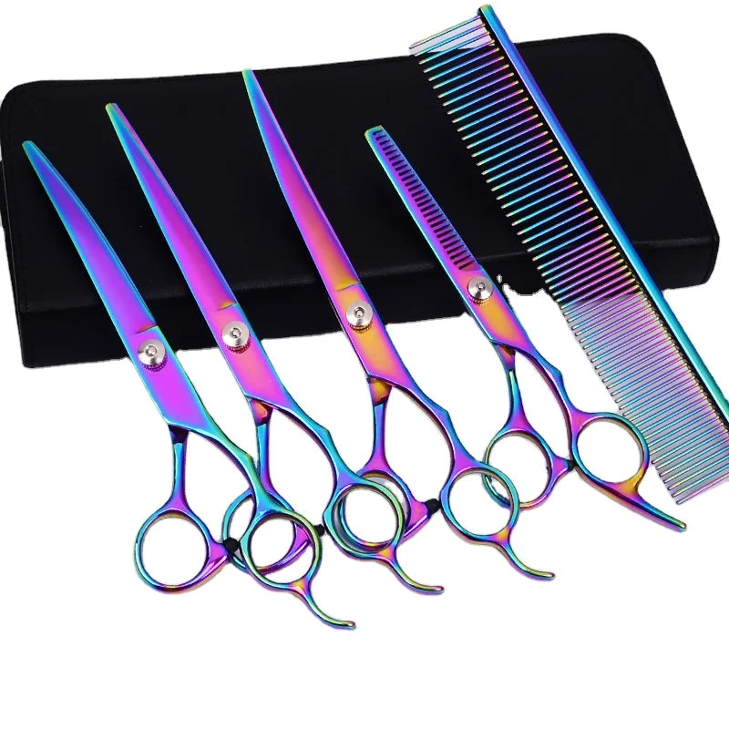 Customize Left Hand Stainless Steel Professional Dog Grooming Scissors Pet Kit Super Curved Set rainbow Colour 8 Inch