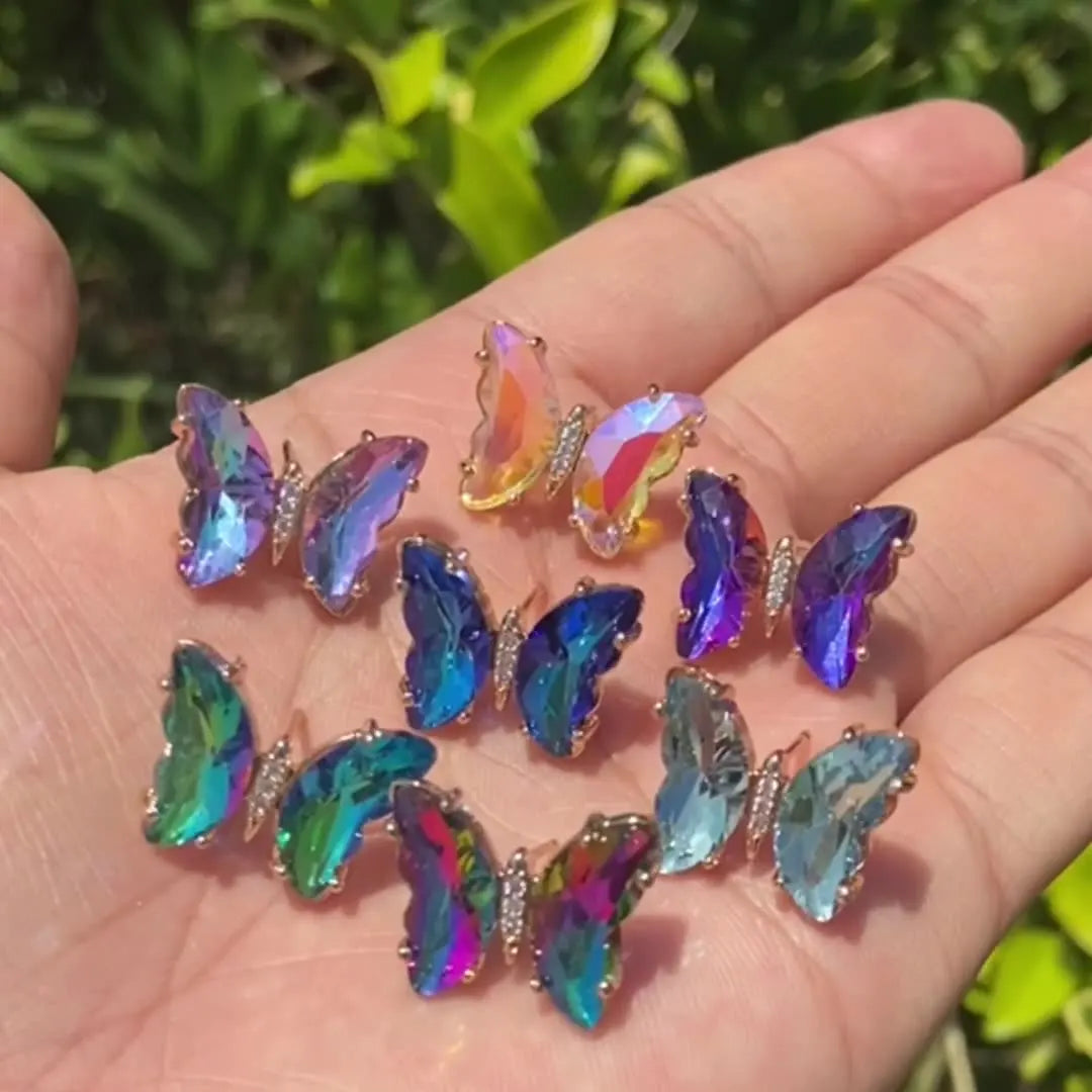 925 Silver Needle Multicolor Gradual Change Butterfly Female Earring Stud with Crystal Jewelry Components