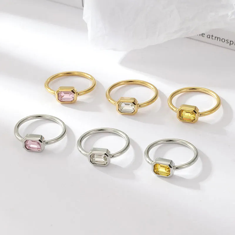 Unique Design Gold Plated Polychrome Zircon Square Stainless Steel Simple Ring for Women E-431