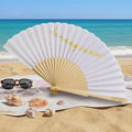 Wholesale Hot Foil Printing Custom Printed Logo Folding Wooden Hand Fan Nature Wood Rib Lady Wooden Hand Held Fan