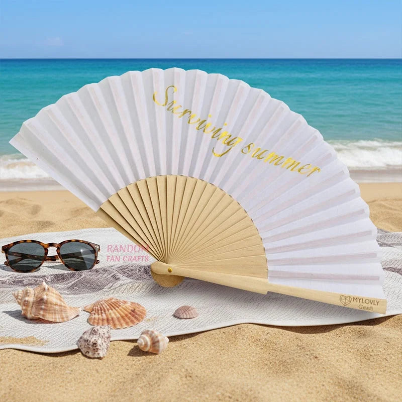 Wholesale Hot Foil Printing Custom Printed Logo Folding Wooden Hand Fan Nature Wood Rib Lady Wooden Hand Held Fan