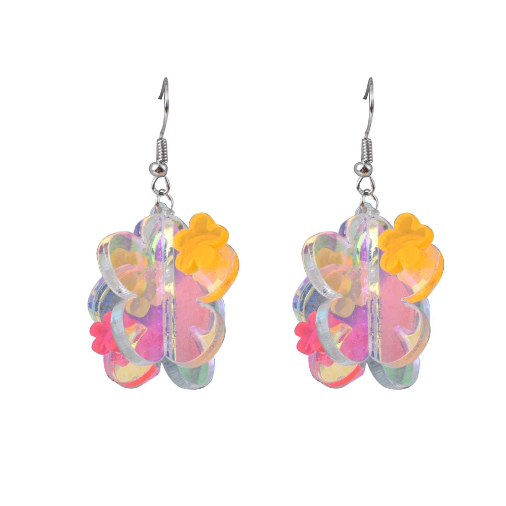 Stylish Stereoscopic Flower Acrylic Drop Earrings Translucent and Dazzling Ab Colorful Mirror Exuding Fashionable Personality