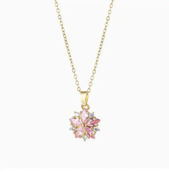 Fashionable Luxurious Sweet Pink Cherry Blossom Stainless Steel Necklace for Women