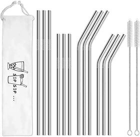 Hot Sale 10pcs Custom Logo Reusable Portable Easy Clean Stainless Steel Long Drinking Metal Straw Set With Package