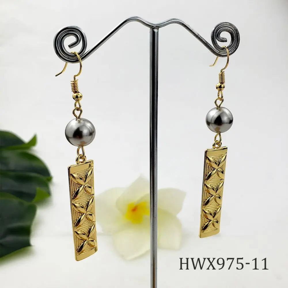 Hawaiian Jewelry Wholesale Long bar Mother of Pearl Flower Gold Earrings Women
