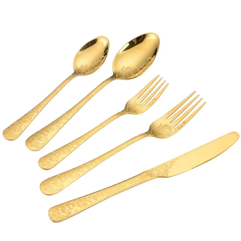 Stainless Steel 18/10 Full Gold PVD Plating Spoon Flower Embossed Engraved Flatware Cutlery