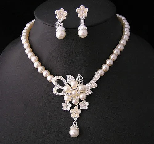 Trendy Korean New Design Bride Beads Pearl Earring Shining Necklace Jewelry Set Waterproof Unique Wedding Accessory Wholesale