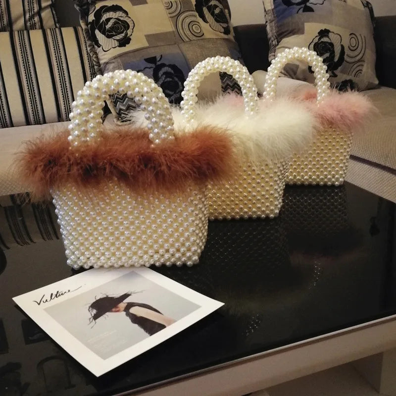 Guangzhou Auyan New Basket Hand Woven Woolly Beaded Pearl Bag One Shoulder Hand Tote New Trendy Bead Bag Pearl