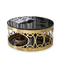 Luxury Golden Hall Living Room Coffee Table Set Stainless Steel Metal Furniture Suite Marble Table and Black Round Glass Base
