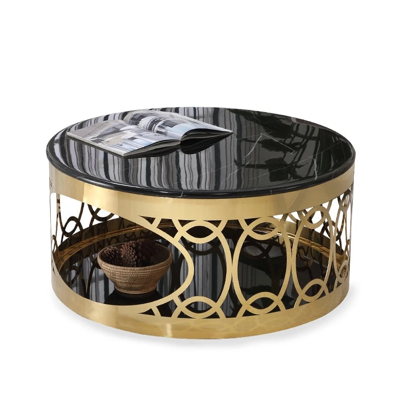 Luxury Golden Hall Living Room Coffee Table Set Stainless Steel Metal Furniture Suite Marble Table and Black Round Glass Base
