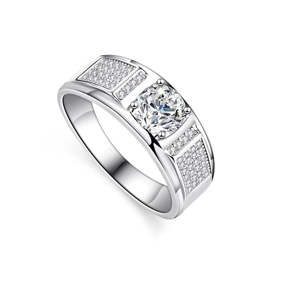 Unique Design Mens Engagement Wedding Diamond Moissanite 1 Carat Brilliant Cut Sterling Silver S925 Platinum Plated Prong Rings