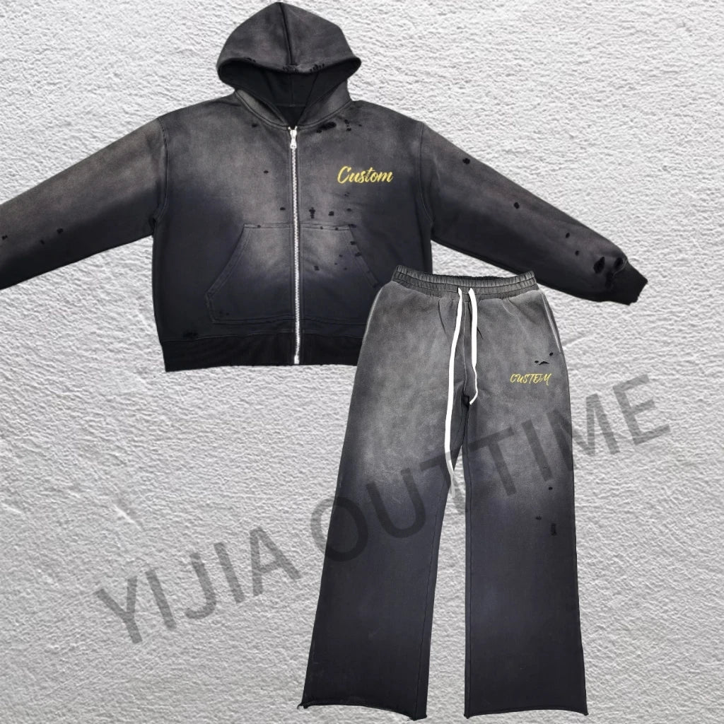 Custom 100% Cotton Tracksuits Sweatsuit Hoodie Patchwork Pant Men Tracksuit Stacked Joggers Flared Men's Two Pieces Jogger Sets