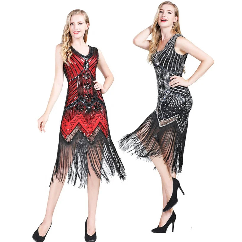 Wholesale Women's Plus Size S-4XL Evening Party Dresses Embroidered with Tassel Beading 3D Sequin Pattern Natural Waistline