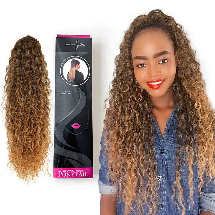 28 Inches Yaki Straight Body Wave Water Wave Kanekalon Futura Long Afro Curly Ponytail Extension Ponytail Synthetic Hair