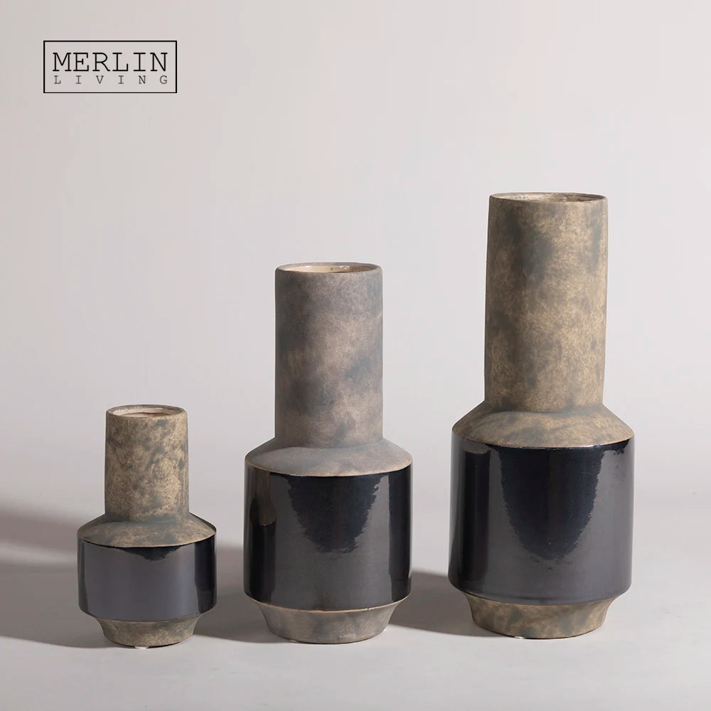 Merlin Living Antique Flower Vase Black Beige Cylinder Home Decor Handcrafted Ceramic & Porcelain Fleurs Keramik Antik