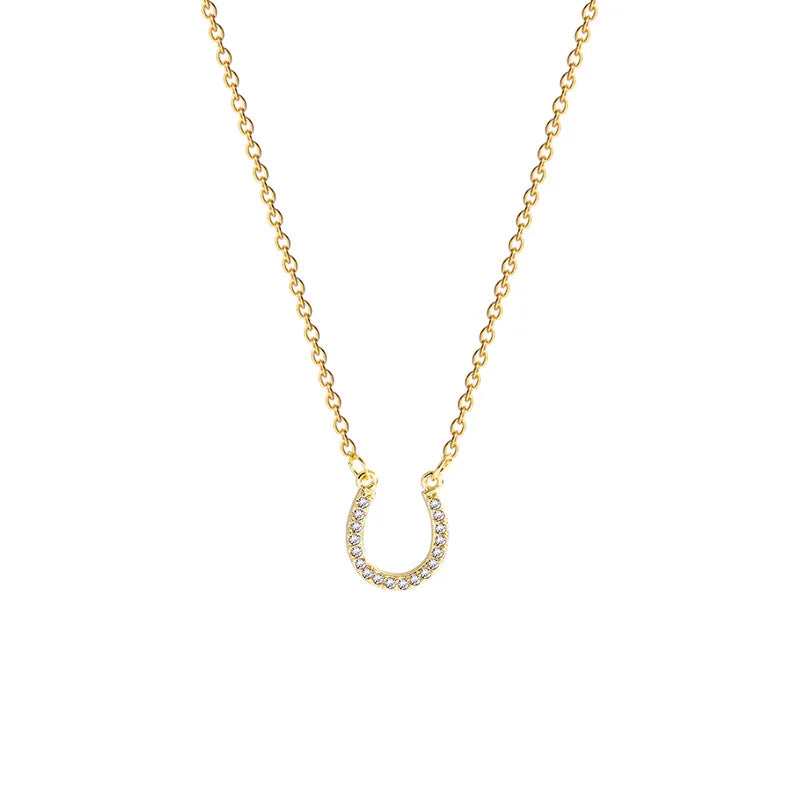 Fashion Simple Stainless Steel Gold-plated Necklace Personalized Horseshoe Pendant Necklace Simple  U-shaped Zircon Short Chain