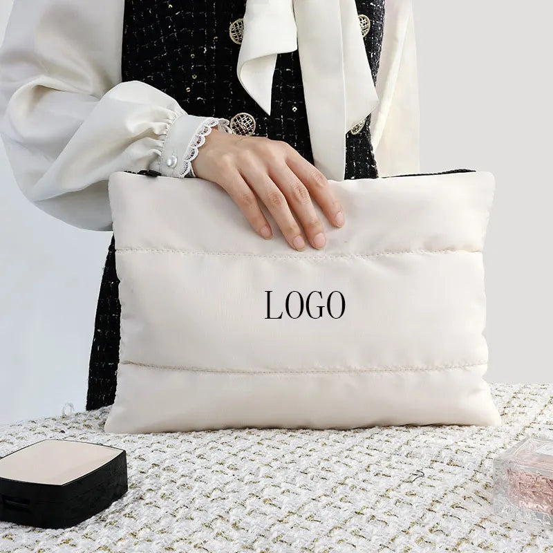 Women's Large Custom Logo Cotton Nylon Soft Light Puffer Puffy Quilted Makeup Cosmetic Bag Zipper Travel Makeup Pouch Wholesale
