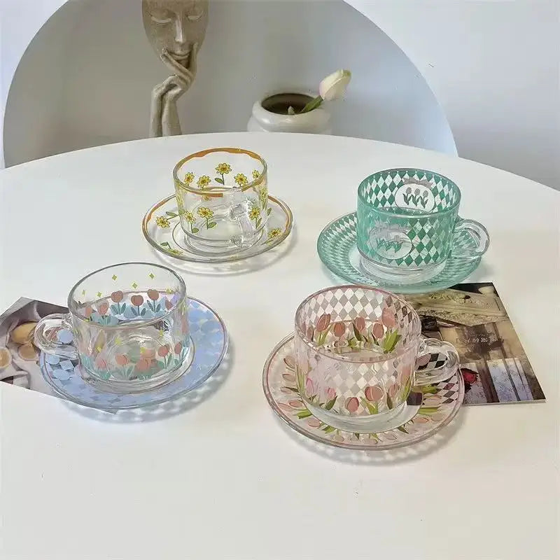 M Creative Coffee Cup Saucer Set Korean Cups Hand-Painted Plant Flower Coffee Mug Home Kitchen Drinkingware Espresso Cups