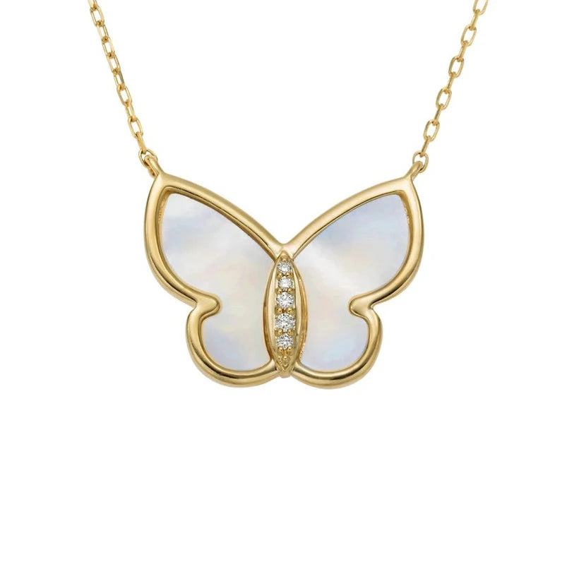 Gemnel Classic 925 Sterling Silver 14k Gold Mother of Pearl Diamond butterfly Animal Necklace Set
